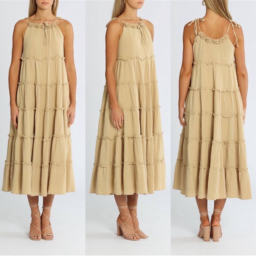 Anthropologie Neutral Tiered Tie-Shoulder Maxi Dress